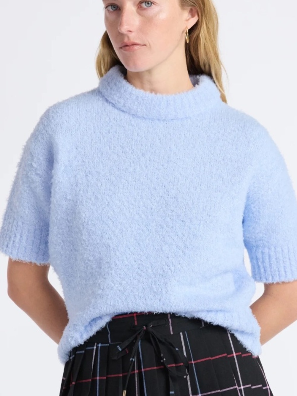 Free Assembly Women's Light Blue Mock Neck Wedge Sweater with Short Sleeves - Picture 4 of 6